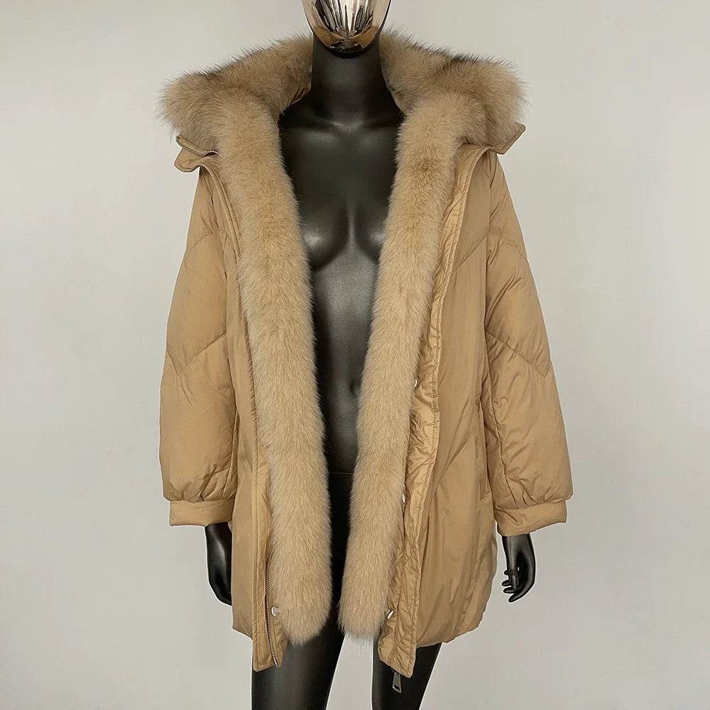 Women's White Goose Down Jacket - Real Fox Fur Puffer Coat - Buy Center US