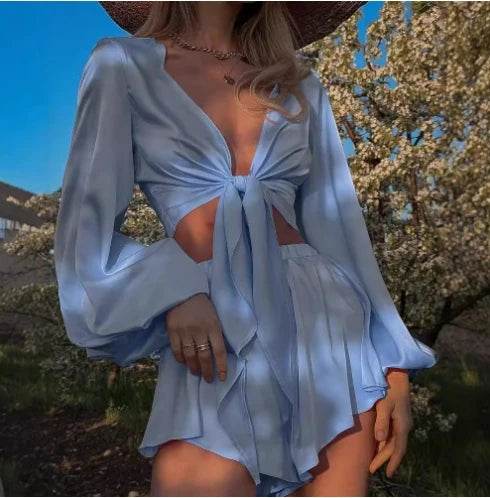 Women's Solid Color Lace Up Beach Suit - Spring Summer Casual Set - Buy Center US