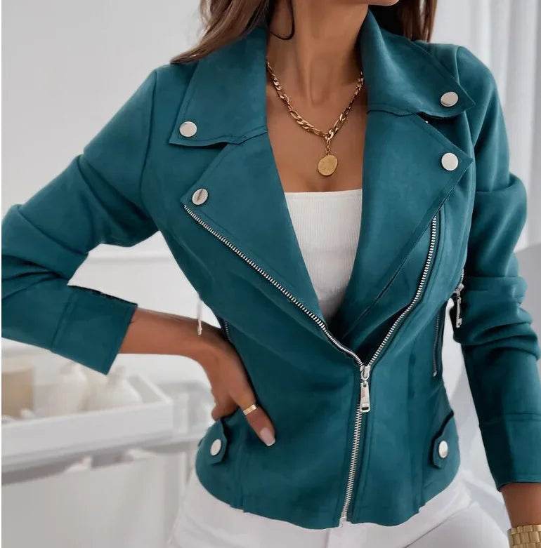 Autumn Women’s Asymmetrical Suede Jacket - Slim Fit Motorcycle Style - Buy Center US