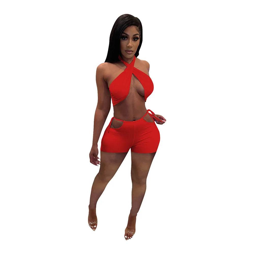 Stylish Women's Two Piece Set - Criss Cross Crop Top & Shorts - Buy Center US