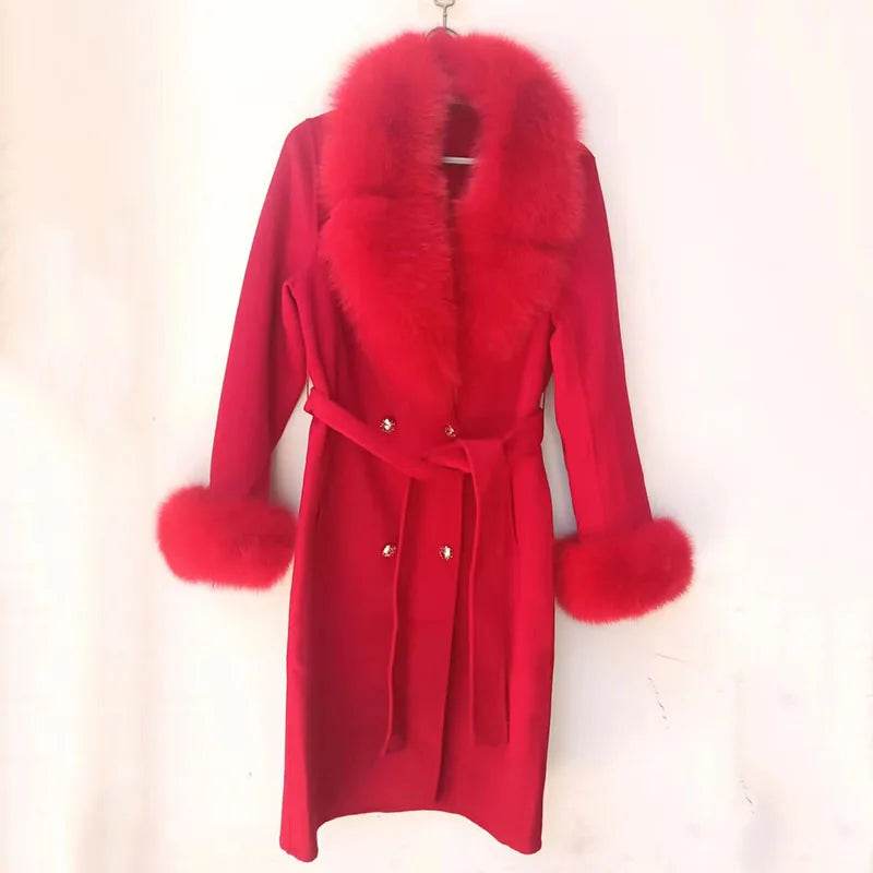 HSPLC Women's Long Wool Blended Coat with Fox Fur Collar - Winter Fashion - Buy Center US