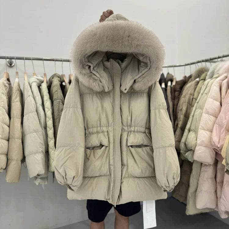 LAJWMPLX Women’s Winter Puffer Coat - Real Raccoon Fur Hood, Waterproof - Buy Center US