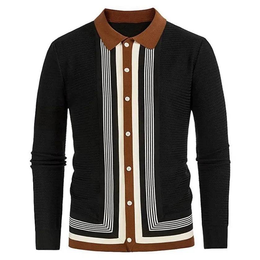 Naupang Men's Striped High-End Knitted Cardigan - Casual Long Sleeve Polo - Buy Center US