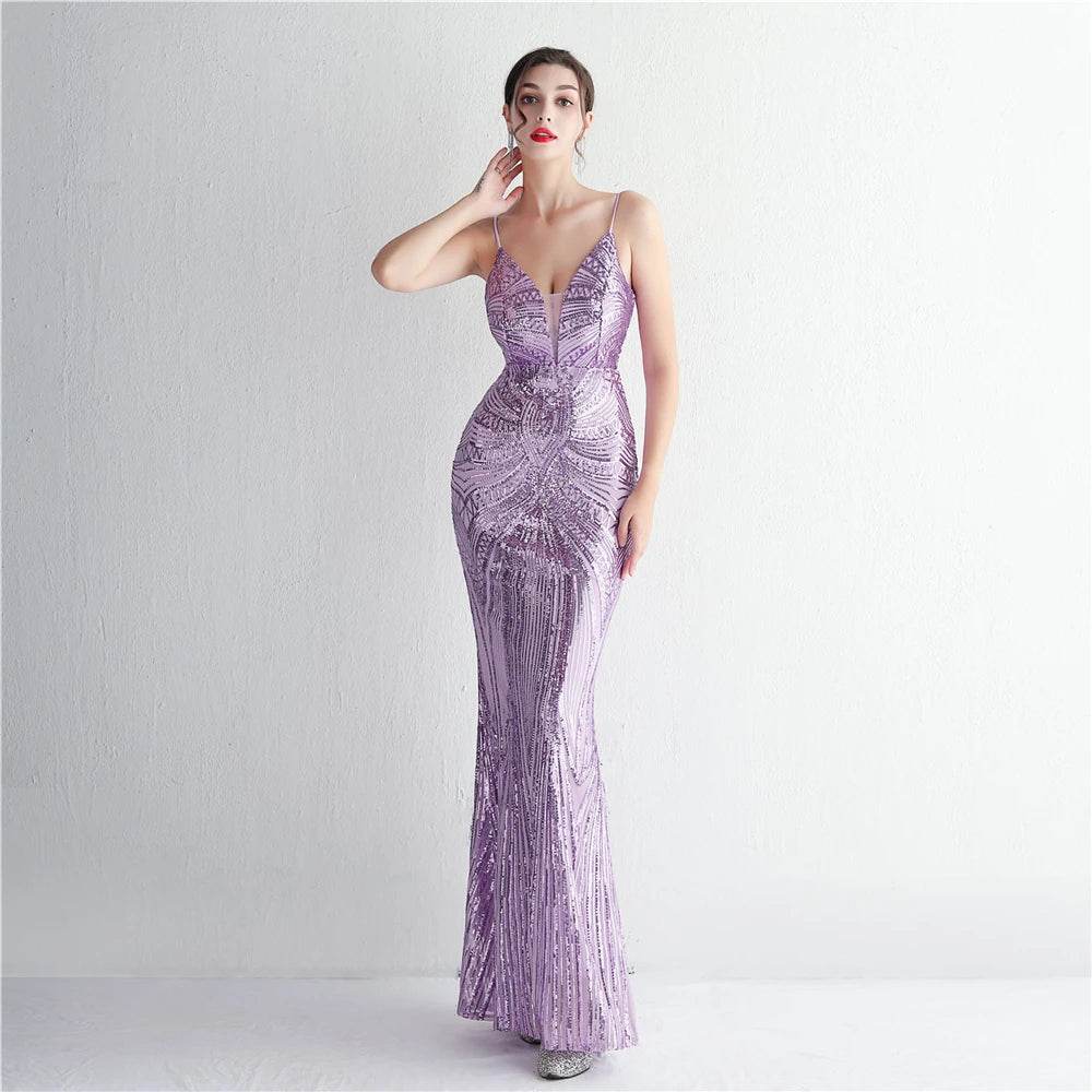 HBLL Sexy V Neck Maxi Dress - Purple Sequin Formal Gown for Parties - Buy Center US
