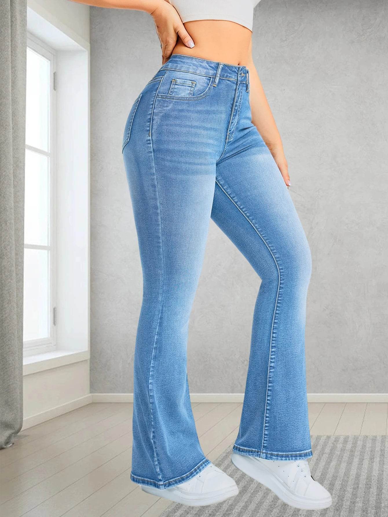 Ladies' High Waisted Flared Jeans - Casual Elastic Denim Style - Buy Center US