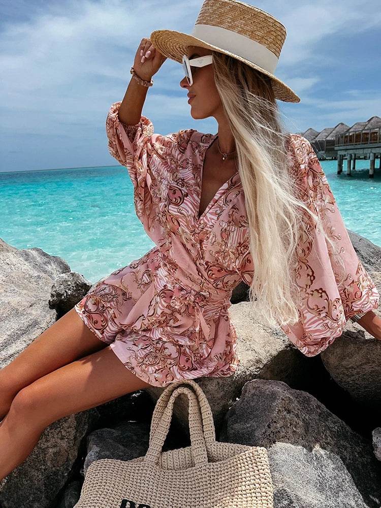 Summer Boho Deep V Neck Set - Casual Lantern Sleeve Top & Shorts - Buy Center US