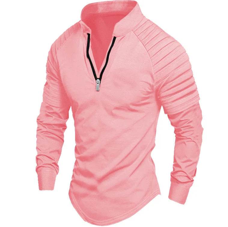 Men's Long Sleeve Polo Shirt - Casual Solid Color with Zipper Collar - Buy Center US