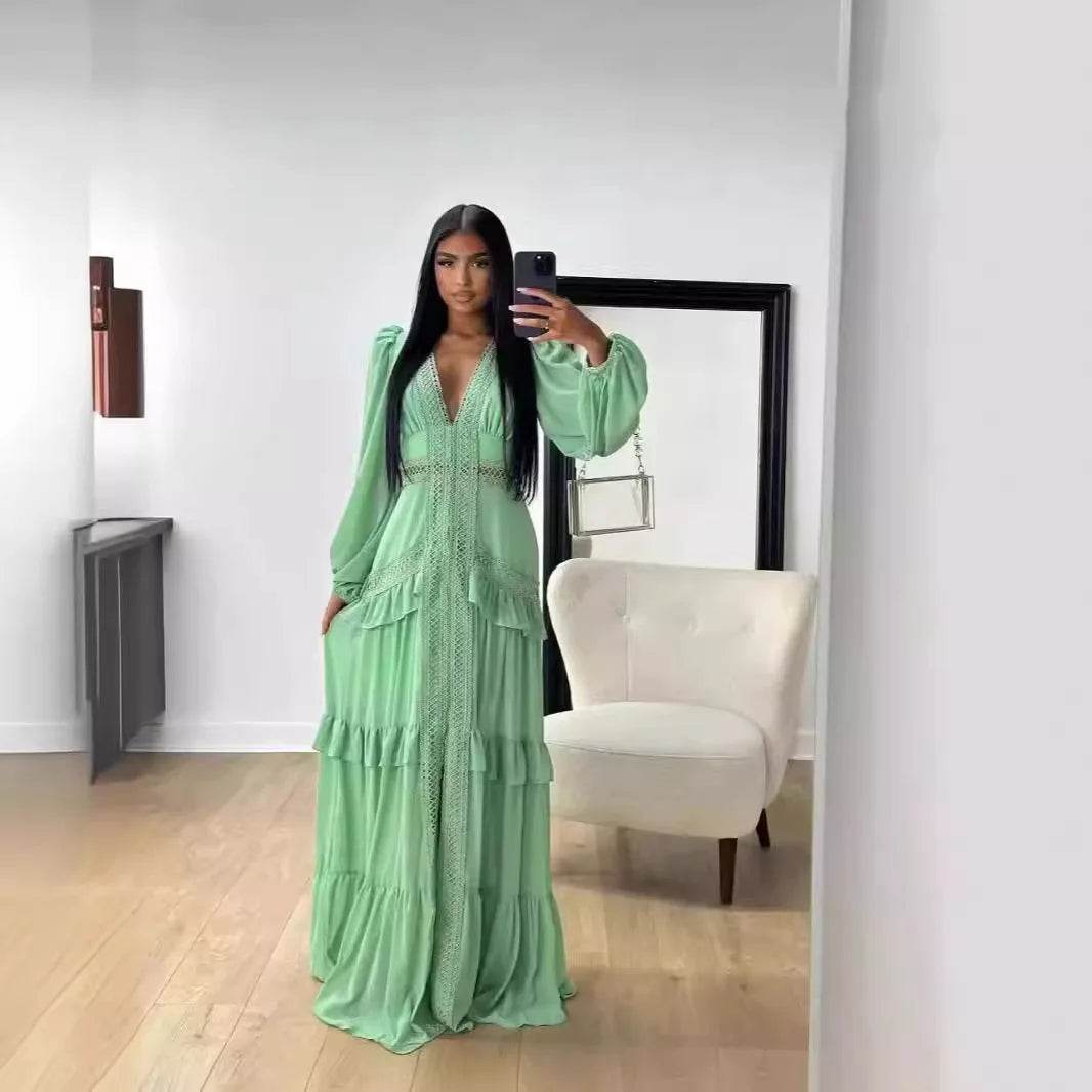 HKOX Elegant V-Neck Long Sleeve Ruffles Dress for Summer 2025 - Buy Center US