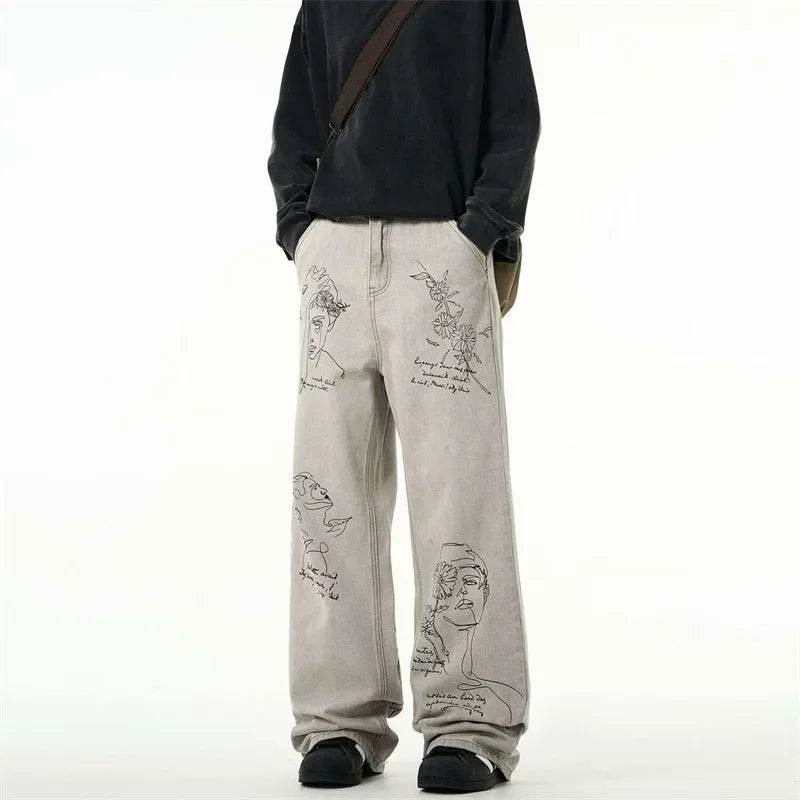 American Retro Graffiti Jeans for Men - Baggy Y2K Streetwear Style - Buy Center US