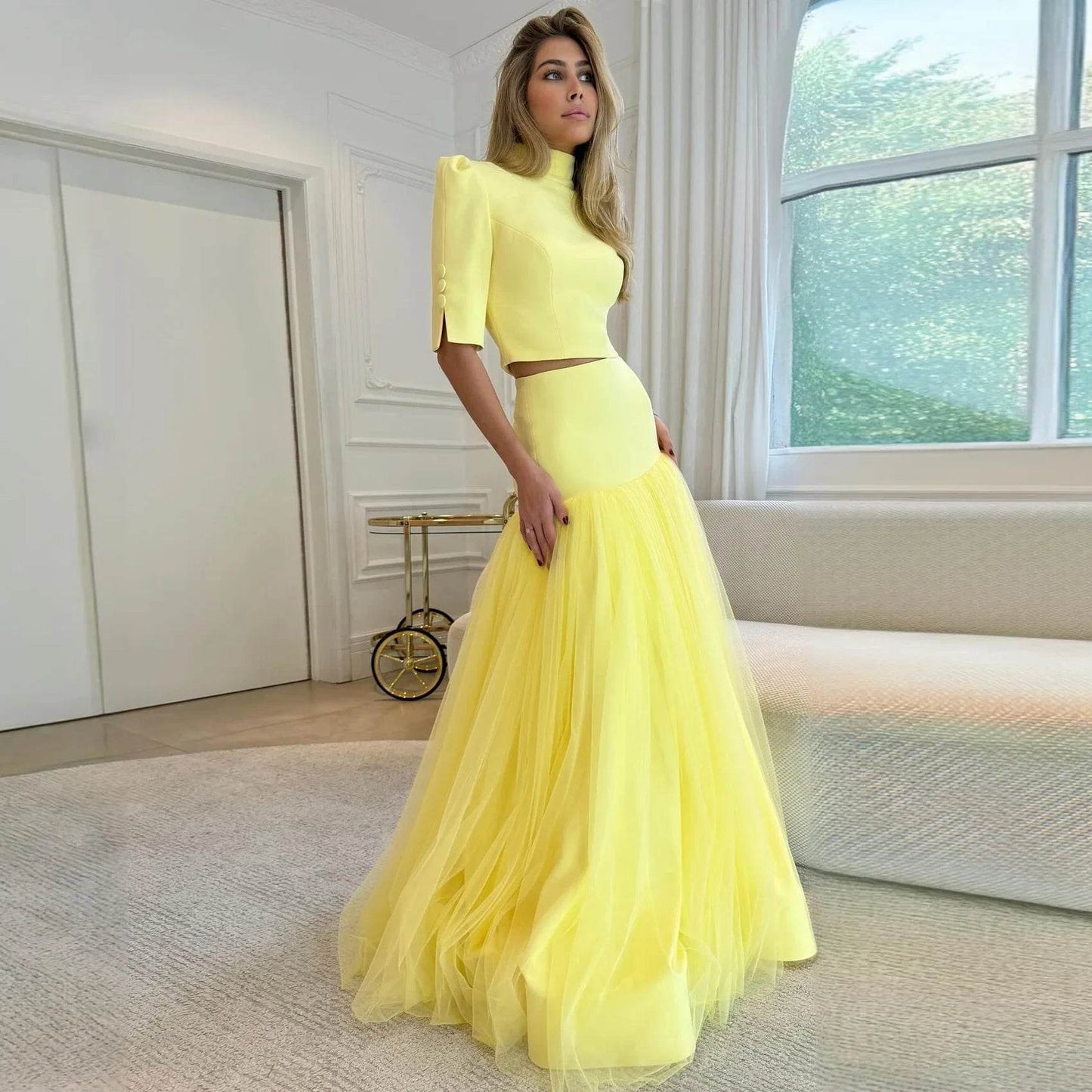 WDP Women's Yellow Two-Piece Party Dress - High Neck, A-Line Style - Buy Center US