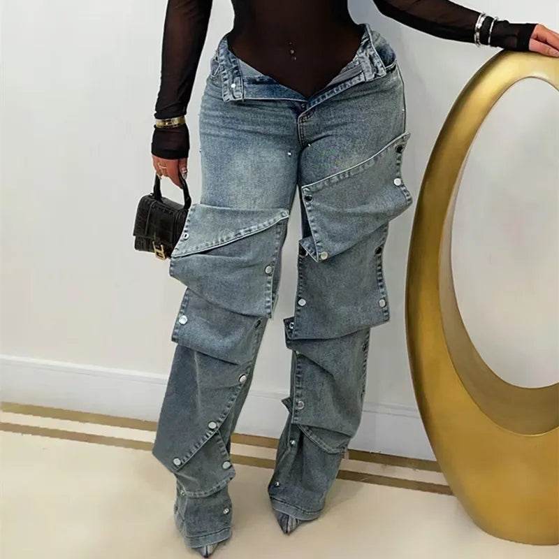 High Street Women’s Wide Leg Denim Pants - Cargo Cutout Style - Buy Center US