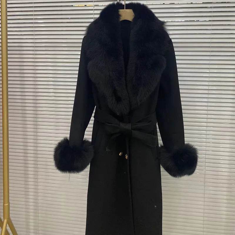 HSPLC Women's Long Wool Blended Coat with Fox Fur Collar - Winter Fashion - Buy Center US