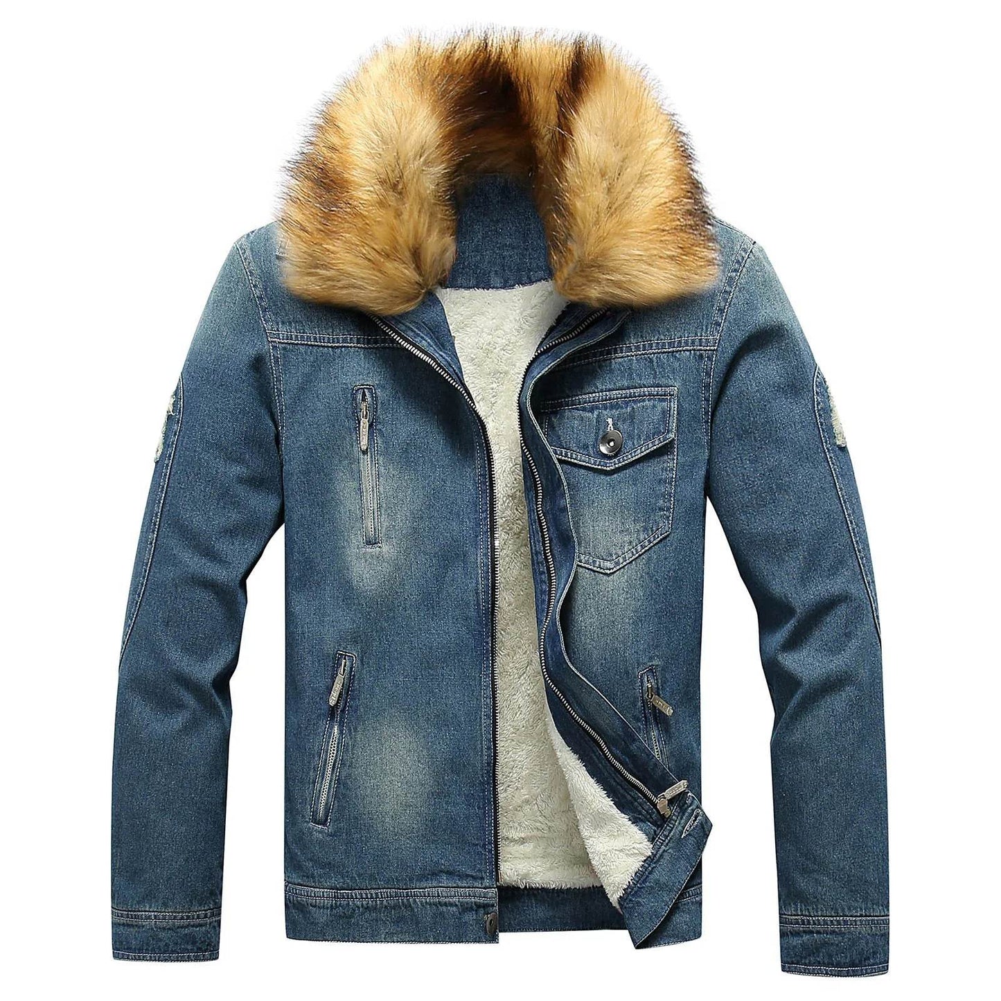 Men's Winter Fleece Lined Fur Collar Jean Jacket - Warm Denim Outerwear - Buy Center US