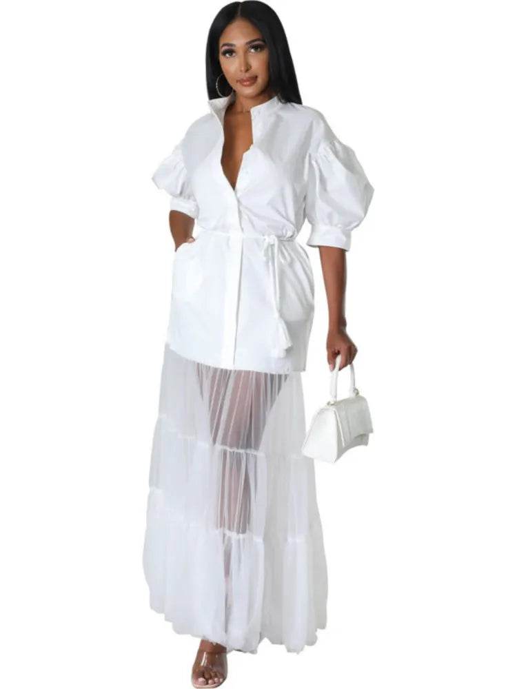 Elegant White Lace-Up Shirt Dress - Short Sleeve for Summer - Buy Center US
