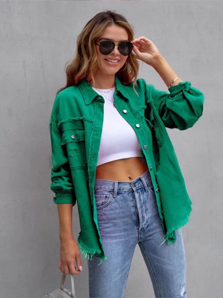 XXOWEN Women's Long Sleeve Denim Jacket - Casual Broken Hole Style - Buy Center US