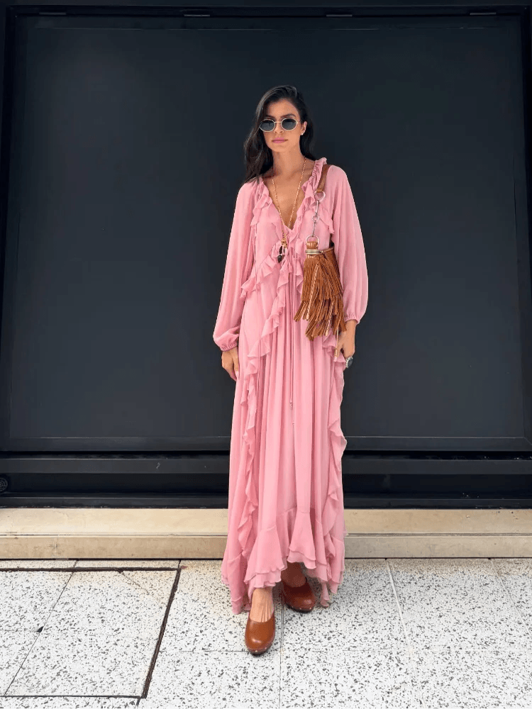 Elegant V-Neck Flounce Dress - Chic Loose Summer Gown for Women - Buy Center US