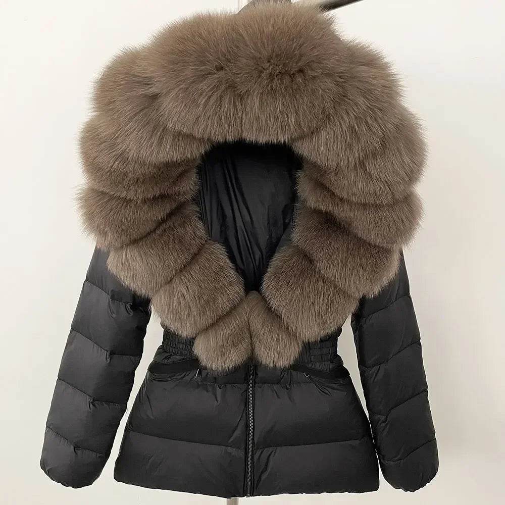 Women's Hooded White Duck Down Coat - Real Raccoon Fur Collar - Buy Center US