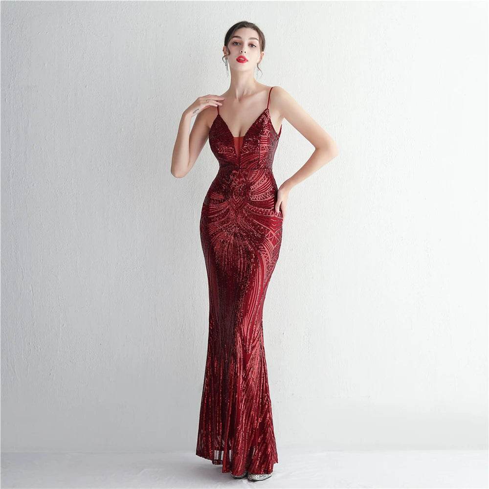 HBLL Sexy V Neck Maxi Dress - Purple Sequin Formal Gown for Parties - Buy Center US