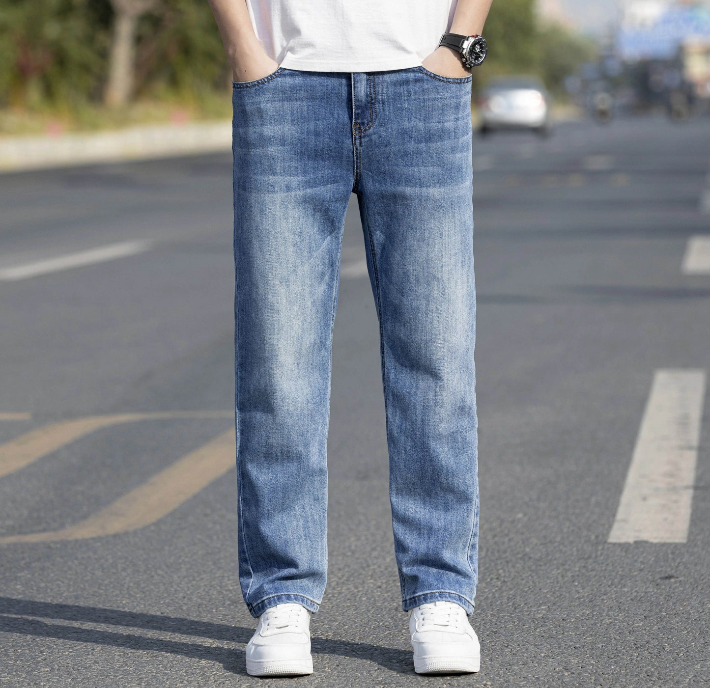 Soft Elastic Loose Straight Leg Jeans - Lightweight Stretch Casual Trousers - Buy Center US