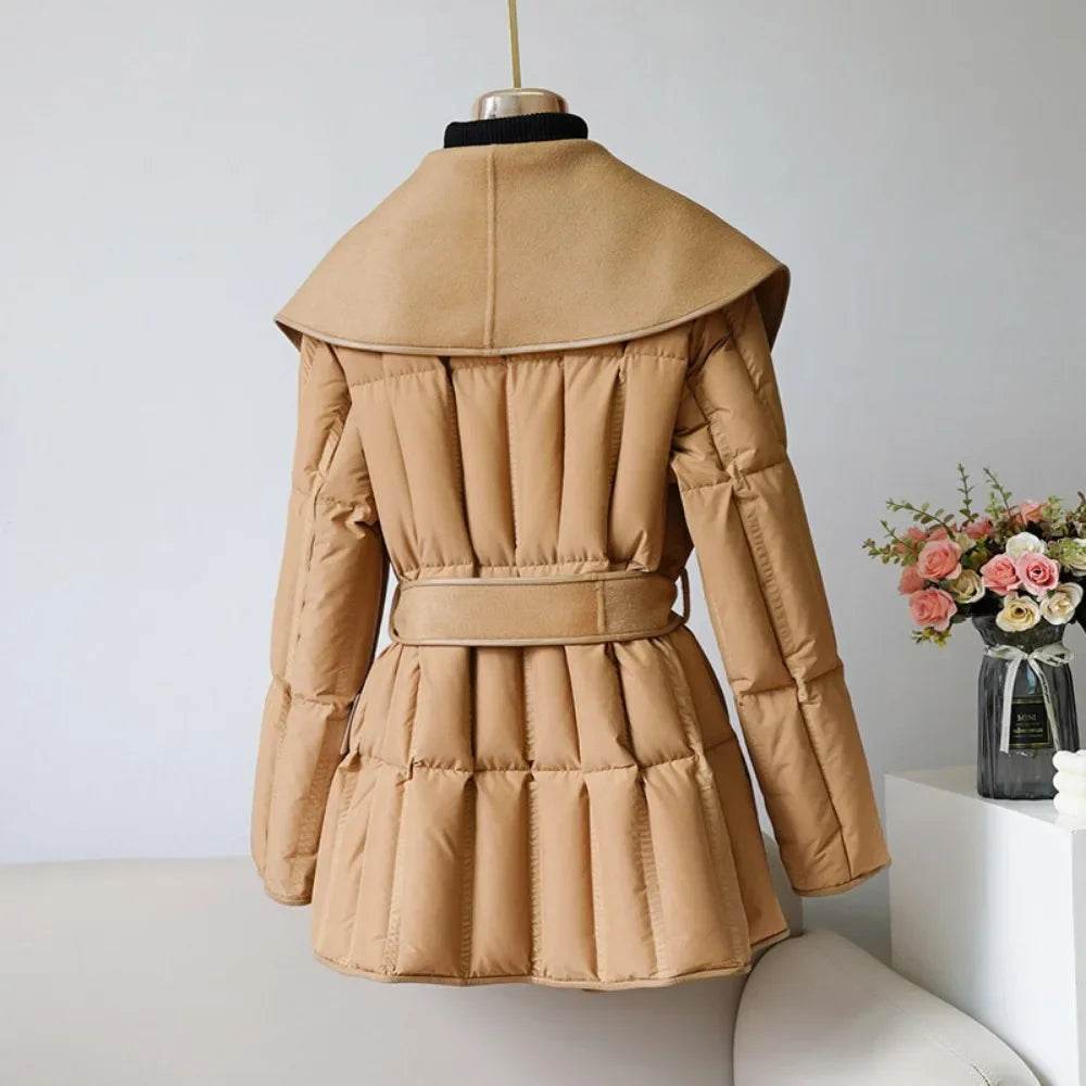 Lady Puffer Jacket with Belt - Warm Wool Cashmere Down Coat 2024 - Buy Center US