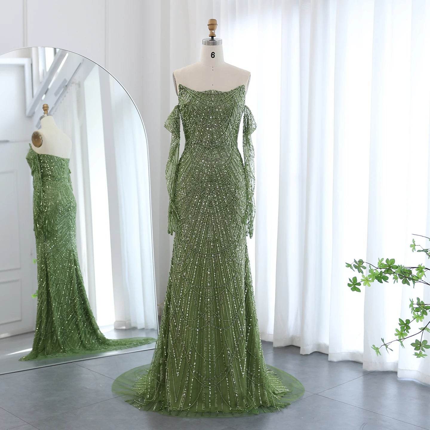 Sharon Said Luxury Mermaid Evening Dress - Green Tulle Gown with Gloves - Buy Center US