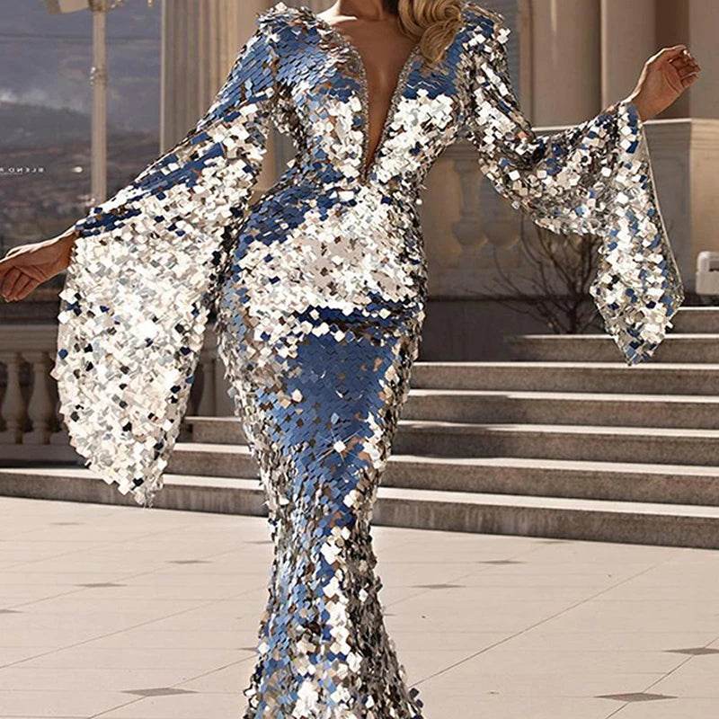 Elegant Silver Sequin Evening Dress - Flare Sleeves, Deep V Neck - Buy Center US