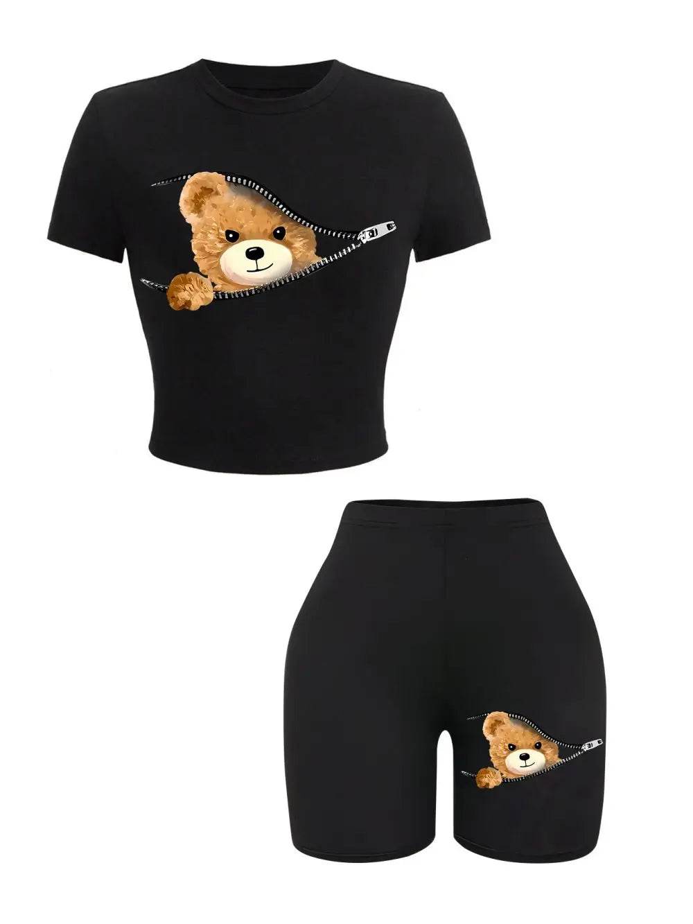Teekossc Women's Slim Crop T-Shirt & Shorts Set - Teddy Bear Print - Buy Center US
