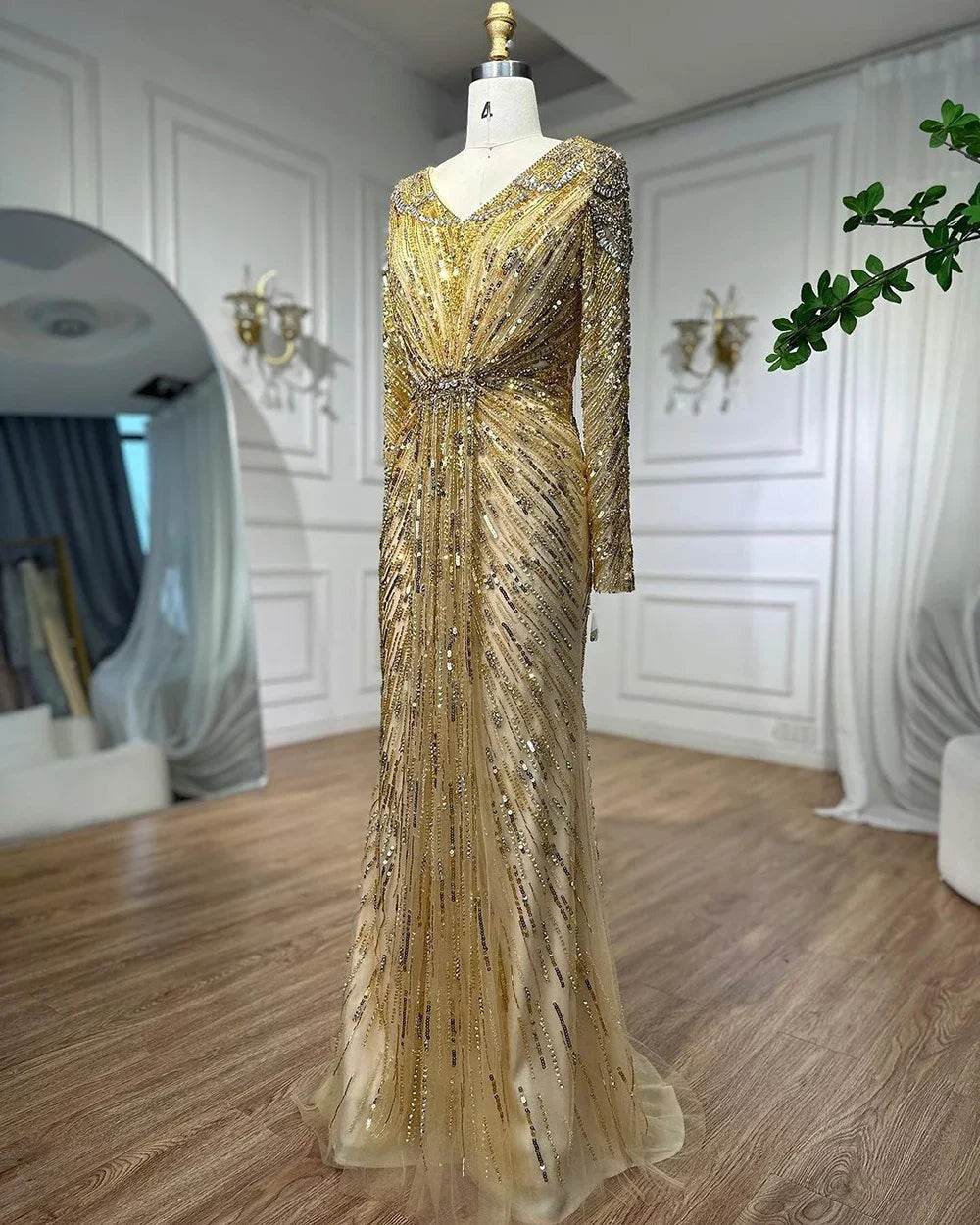 SERENE HILL Mermaid Evening Dress - Custom Beaded Floor-Length Gown - Buy Center US