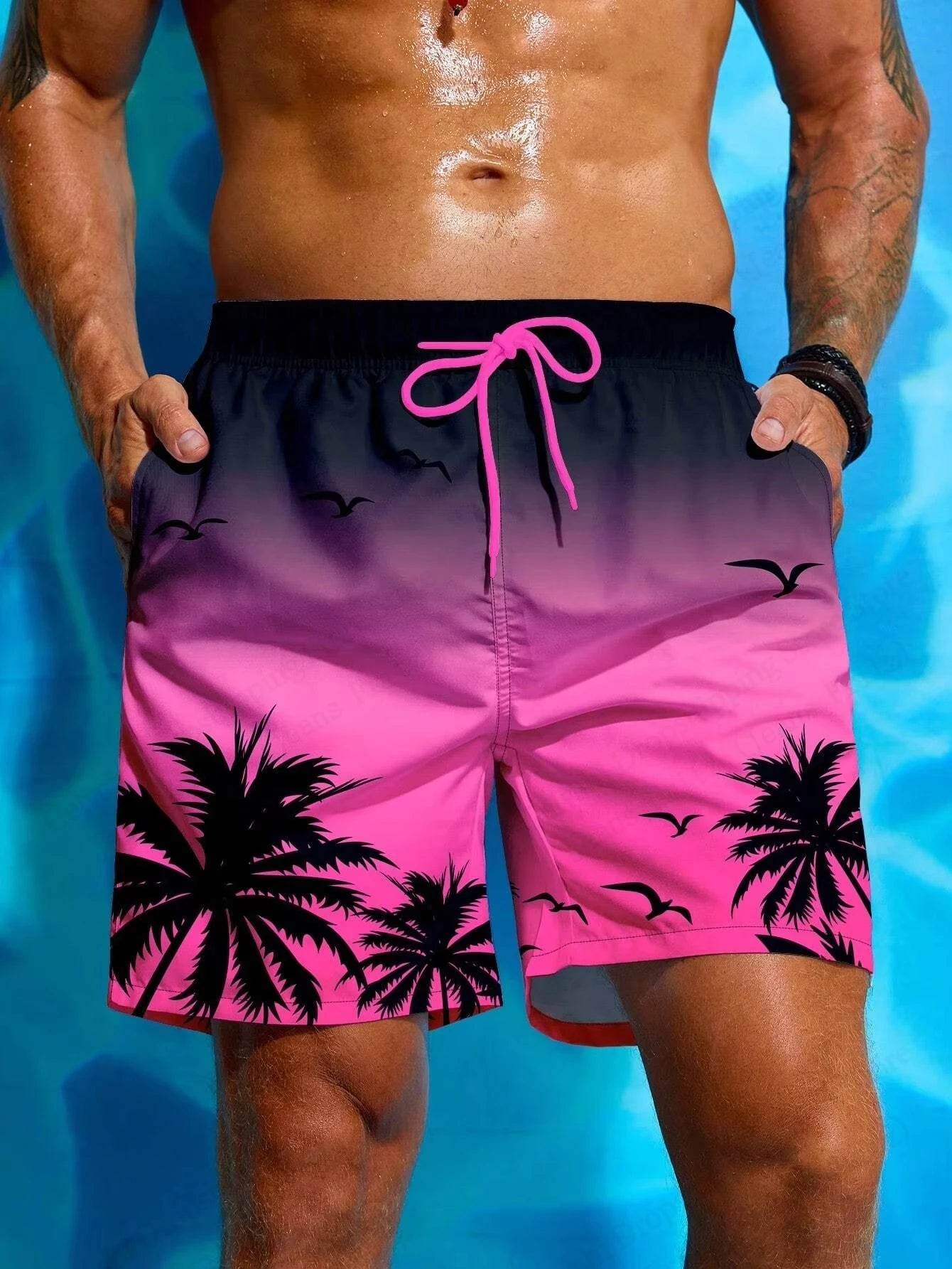 Men's Summer Board Shorts - 3D Palm Tree Print with Drawstring - Buy Center US