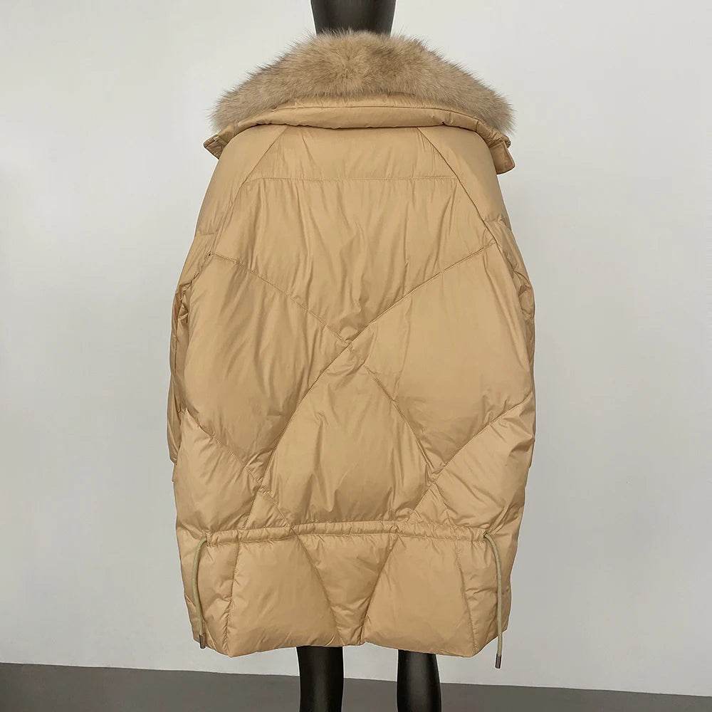 Real Fox Fur Puffer Coat - Women’s Warm Winter Jacket, Loose Fit - Buy Center US