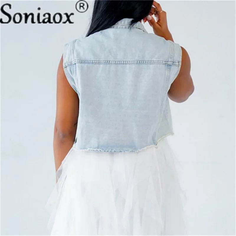 Soniaox Women's Denim Jacket Vest - Beaded Casual Short Coat - Buy Center US