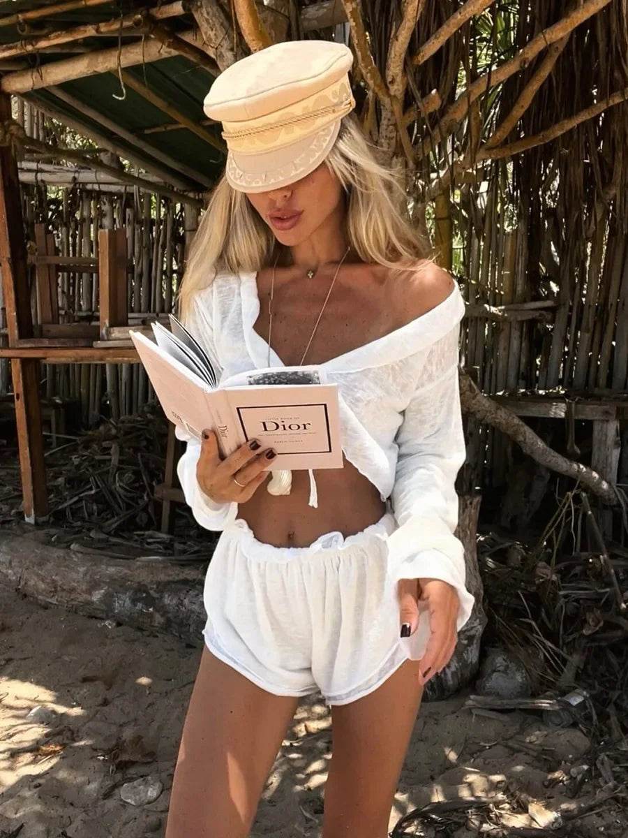 Anicenice Women's Beach Shorts Set - Lace-Up Top & Knee-Length Shorts - Buy Center US
