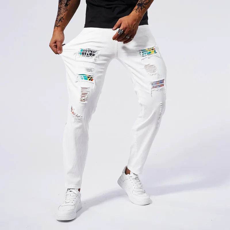 Men's White Ripped Jeans 2024 - Slim Fit Straight Leg Casual Pants - Buy Center US