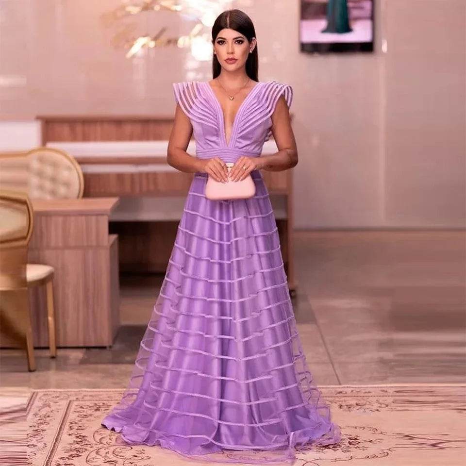 Fuchsia A-Line Formal Dress - Deep V-Neck Sleeveless Gown for Women - Buy Center US