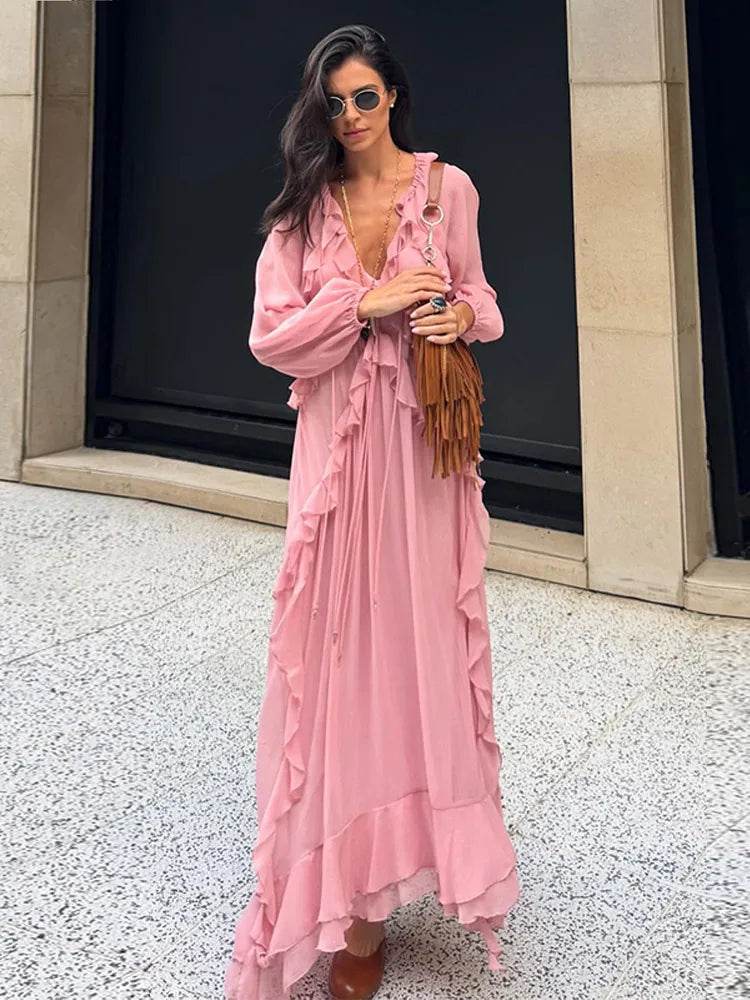 Elegant V-Neck Flounce Dress - Chic Loose Summer Gown for Women - Buy Center US