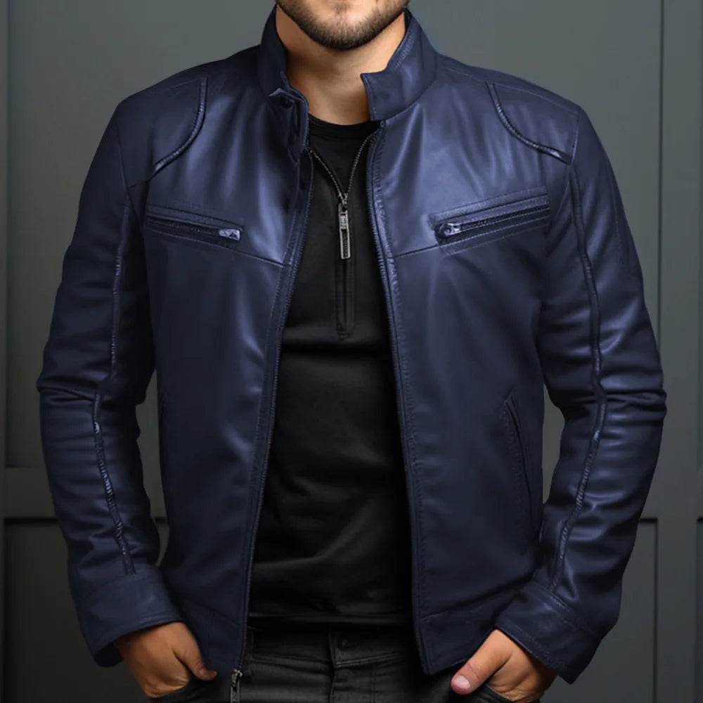 Donsignet Men's Biker Leather Jacket - Casual Stand-up Collar Design - Buy Center US