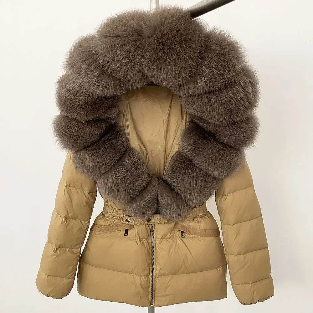 Women's Hooded White Duck Down Coat - Real Raccoon Fur Collar - Buy Center US
