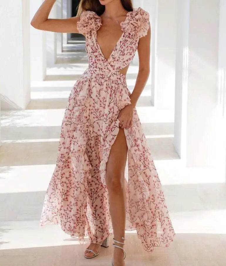 Izmestyeva Floral Backless Dress - Sleeveless V-Neck, Ruffle Trim - Buy Center US