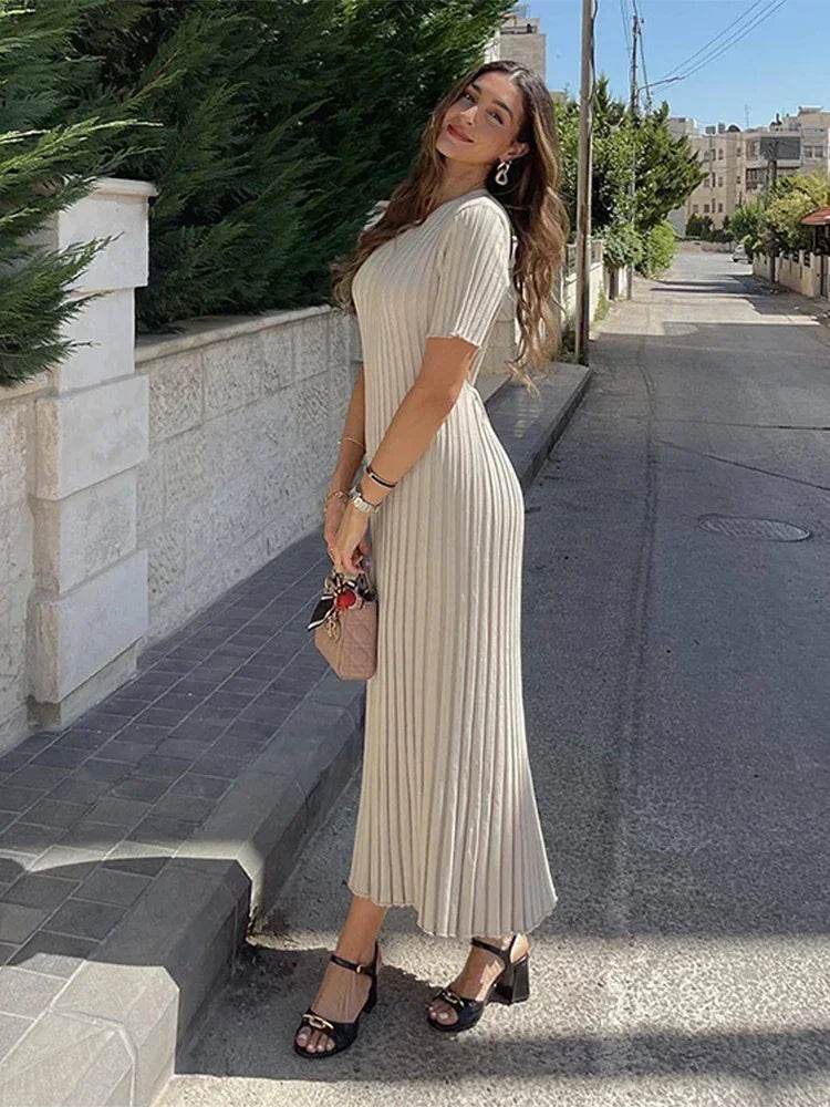 MOXFCIZO Ladies Knitted Short Sleeve Pleated Dress - Spring/Summer Style - Buy Center US