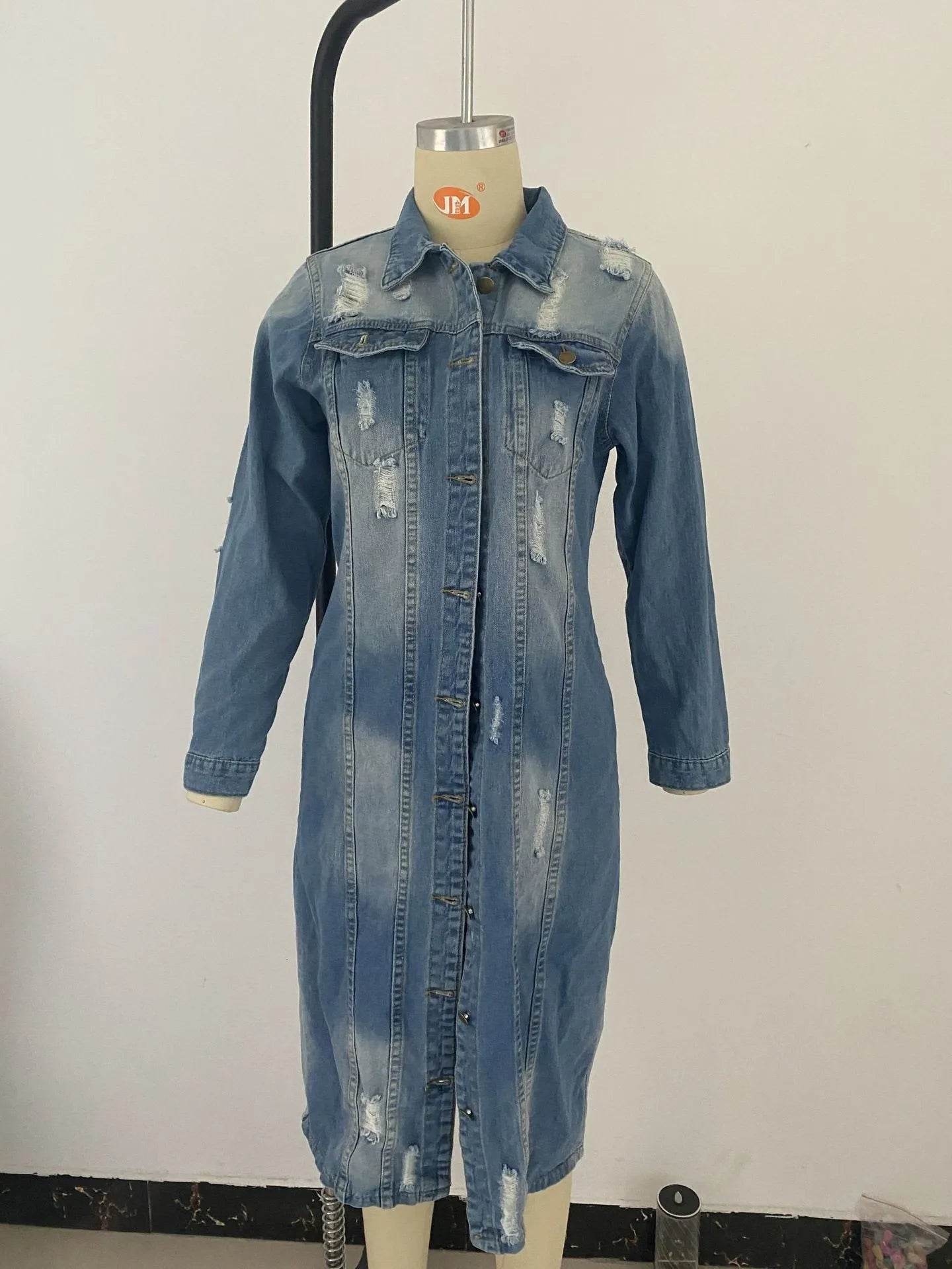 Kalenmos Women's Longline Denim Coat - Ripped Hem, Pockets, Stylish - Buy Center US