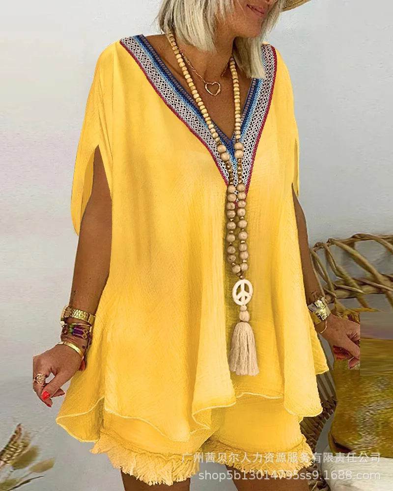 Kalenmos Women's V-Neck Casual Shorts Set - Elegant Y2K Summer Style - Buy Center US