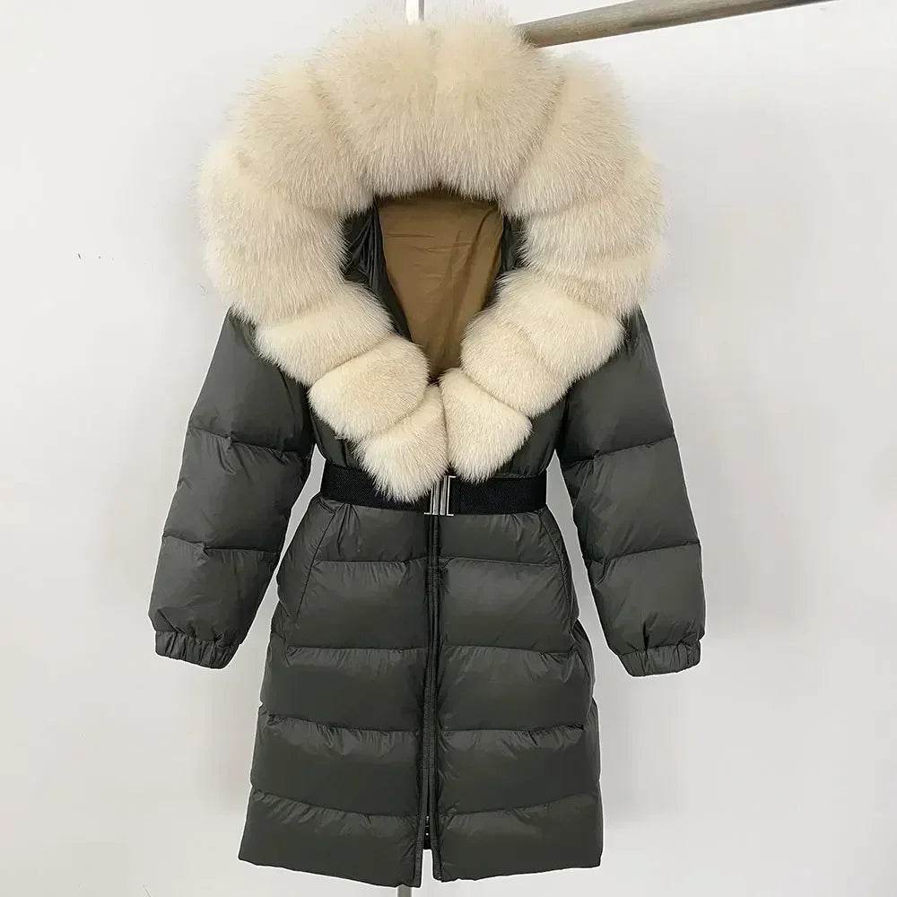 Warm Long Winter Jacket for Women - 90% White Duck Down, Fox Fur Collar - Buy Center US