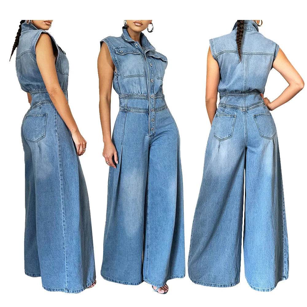 Kalenmos Women's Summer Denim Jumpsuit - High Waist, Wide Leg Style - Buy Center US