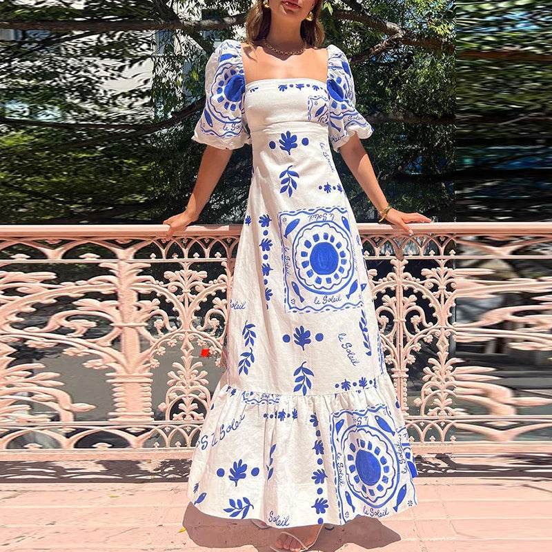 VIEUNSTA Floral Print Summer Dress - Square Neck & Long Sleeve - Buy Center US