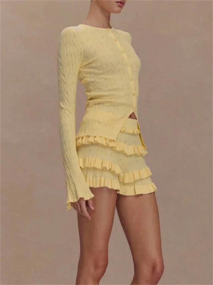 Tossy Women's Summer Knit Ruffled 2 Piece Set - Stylish Cardigan & Shorts - Buy Center US