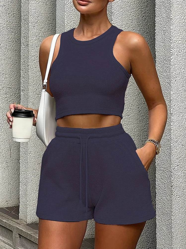 Elegant Women's Two-Piece Set - Sleeveless Waffle Vest & Shorts - Buy Center US
