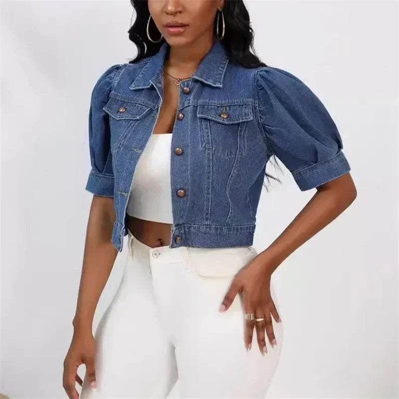 Stylish Women’s Denim Cardigan - Short Puff Sleeve Jacket - Buy Center US