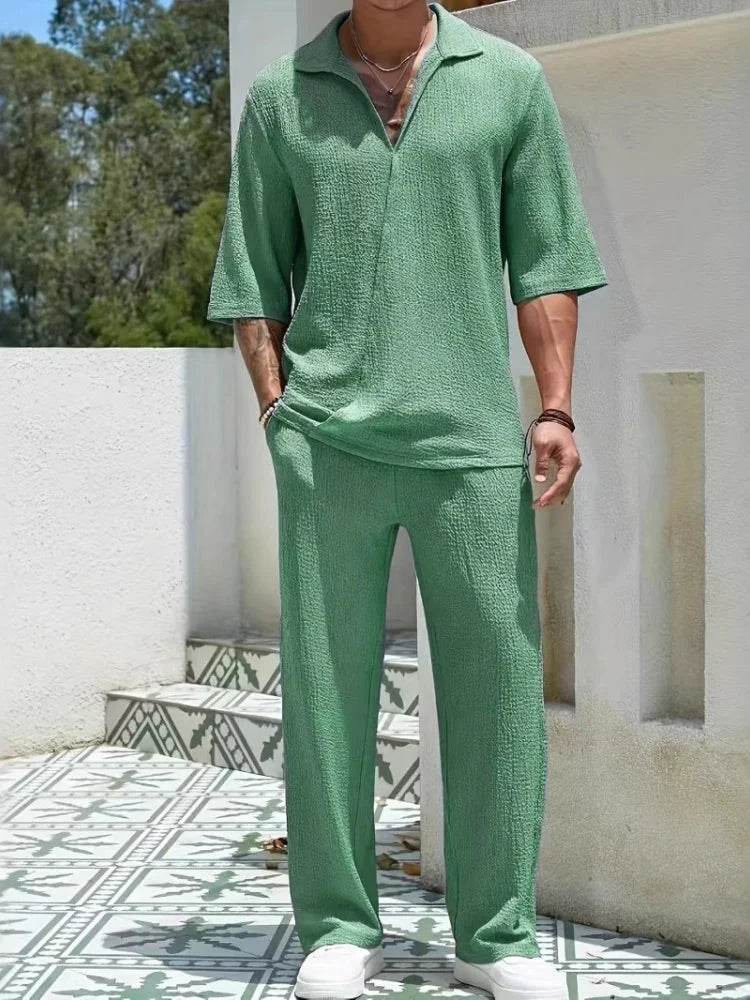 Men's Retro Casual Suit - Solid V-Neck Shirt & Drawstring Pants Set - Buy Center US