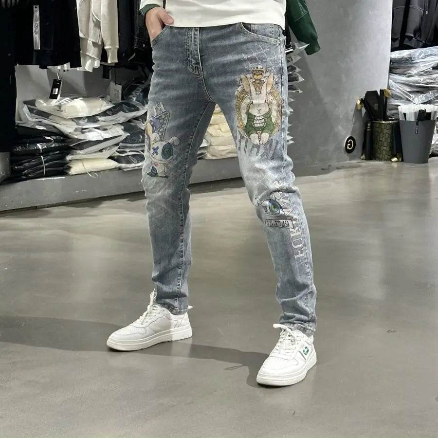 Men's Slim Fit Light Blue Denim Jeans - Luxury Rabbit Print Design - Buy Center US