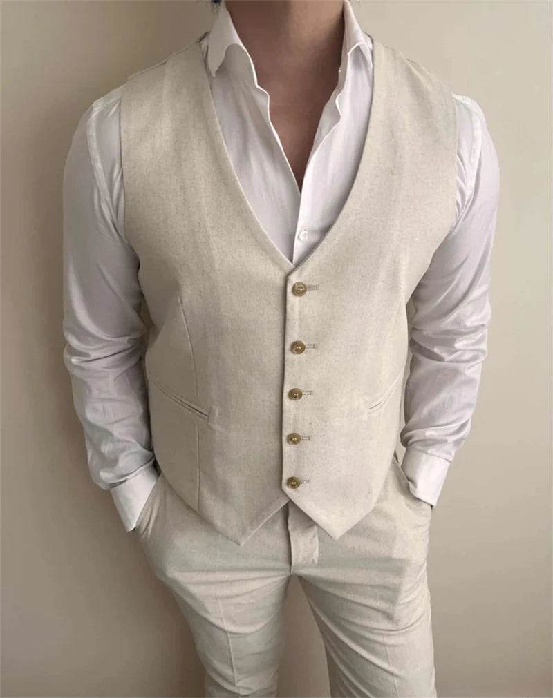 Tunetak Men's 3-Piece Linen Suit - Slim Fit Beige Blazer & Vest Set - Buy Center US